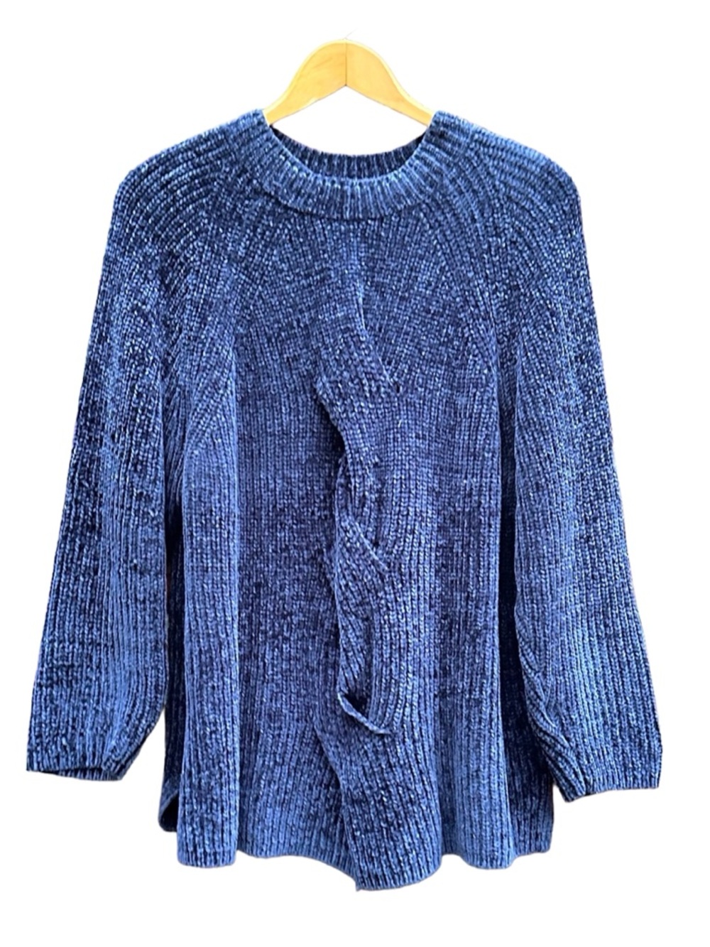 J Jill Chenille Sweater Cable Accent Crewneck Pullover Blue Size XL Extra Large